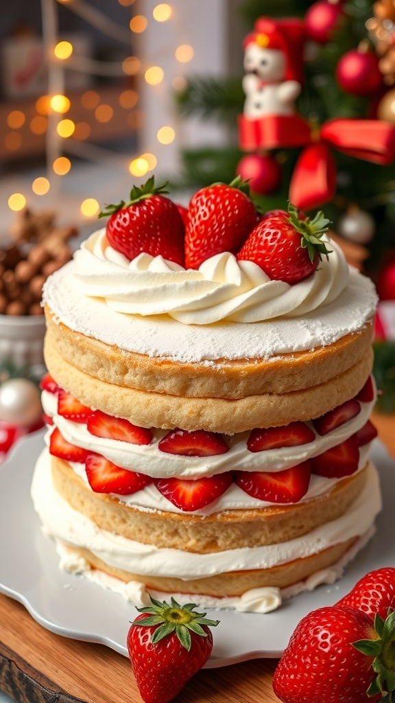 Japanese Christmas cake with whipped cream and strawberries, set in a festive holiday atmosphere.